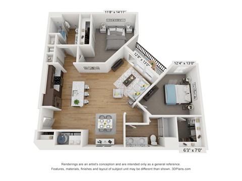Floor plan for 2 beds, 2 baths, 1165 sqft
